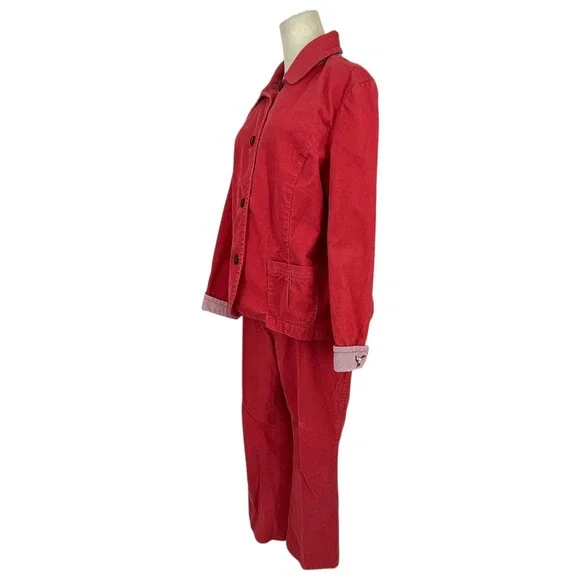 VTG LLBean Corduroy 14P Pants Suit Set 20P Jacket Pink Womens Embroidered Cuffs